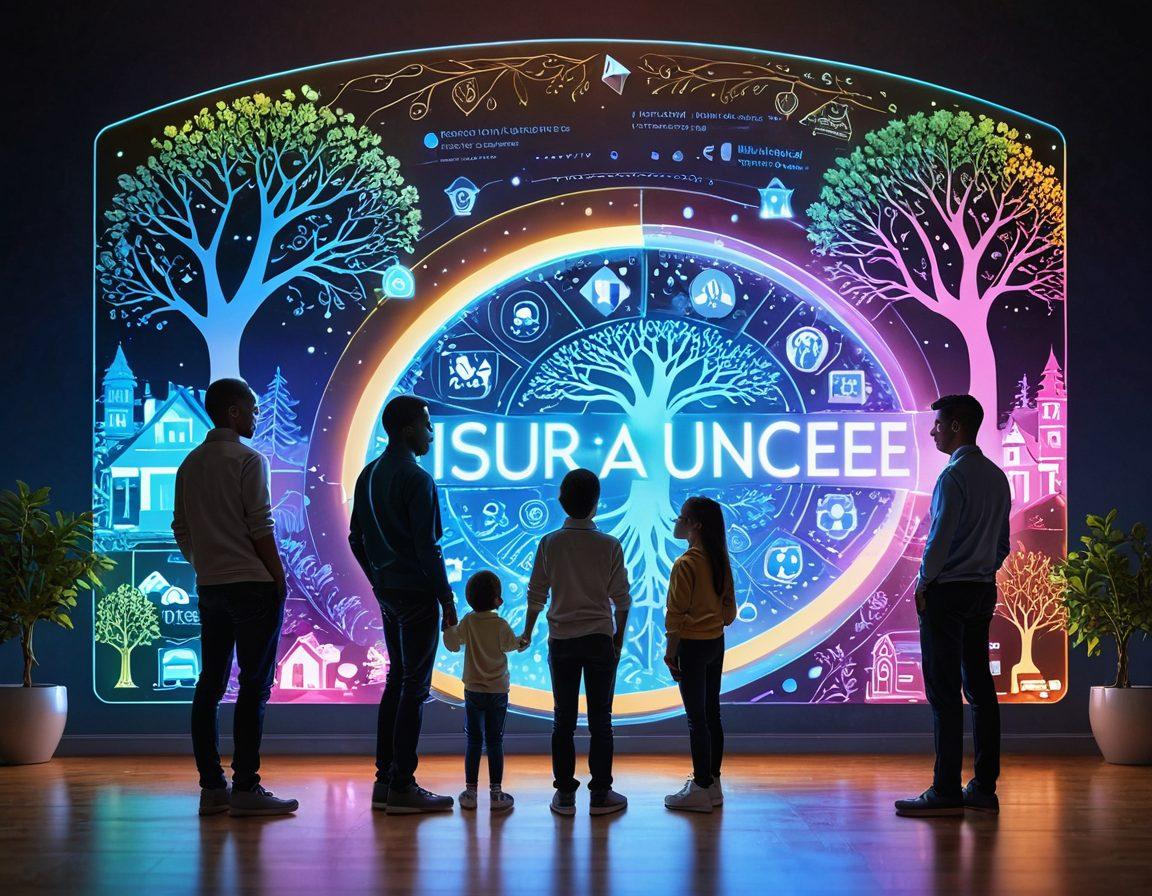 A futuristic family gathered around a glowing digital interface that displays various insurance options and quotes, with holographic visuals of homes and families around them. The scene should include elements symbolizing heritage like family trees or ancestral shields, blending technology with tradition. Bright, inviting colors should convey a sense of security and hope for the future. super-realistic. vibrant colors. digital art.