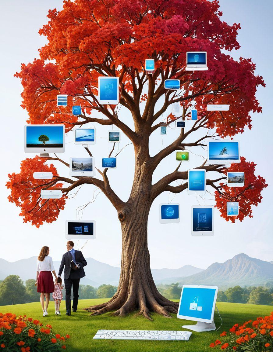A family tree intertwined with modern technology elements such as digital devices, insurances documents, and vibrant flowers symbolizing growth and heritage. Each generation represented by diverse family members, showing connections and love. The background features a futuristic landscape illustrating innovation in family insurance. super-realistic. vibrant colors. white background.