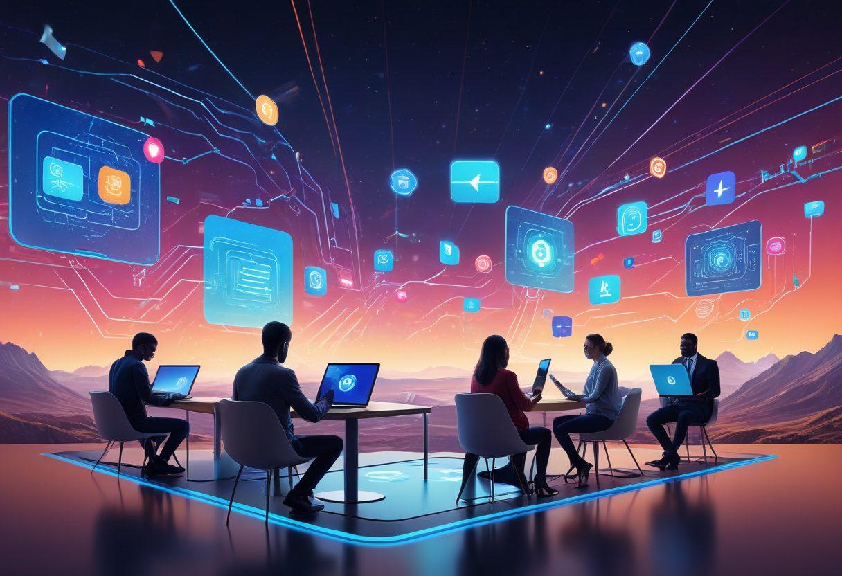 A modern digital landscape showcasing a diverse group of people interacting with digital insurance platforms on tablets and laptops. Include abstract icons representing security, affordability, and accessibility floating around them. Capture a sense of empowerment and innovation with bright, inviting colors. The background should have a subtle hint of technology, like circuit patterns. vibrant colors. 3D.